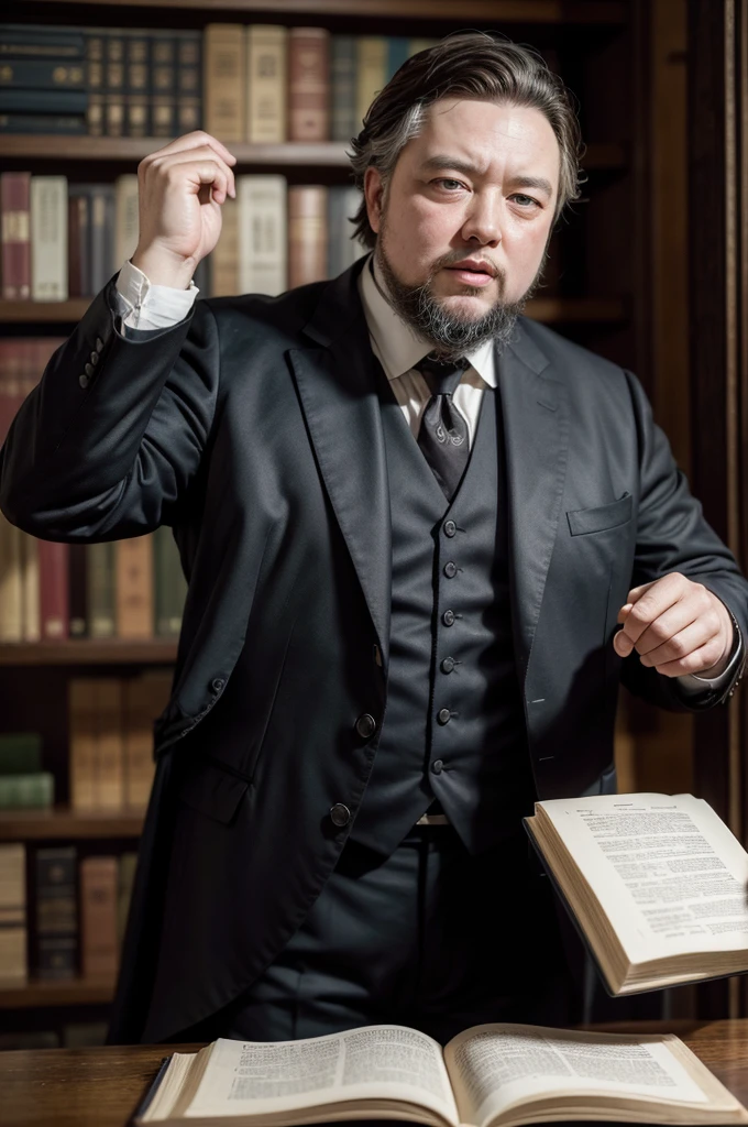 "Crie uma imagem de Charles Haddon Spurgeon, the famous 19th century British preacher, in a classic pose. Ele deve estar usando um terno escuro, with a full beard and short, slicked-back hair. O fundo deve ser simples, maybe a library or a church pulpit, destacando sua figura. Spurgeon's expression must be serious and contemplative, reflecting his dedication and seriousness as a pastor and theologian."