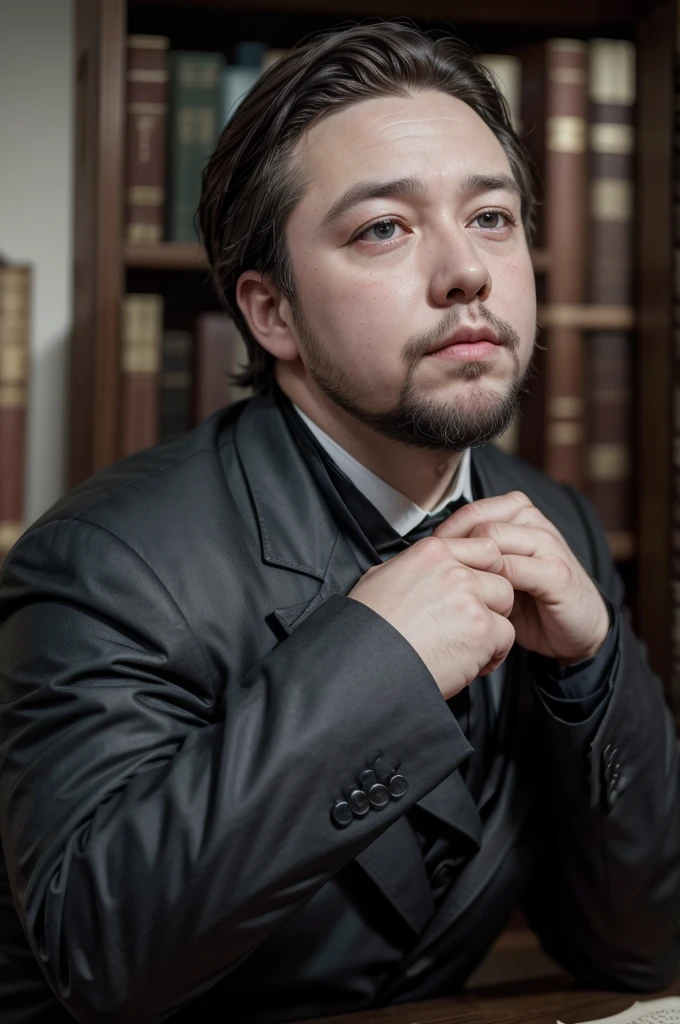 "Crie uma imagem de Charles Haddon Spurgeon, the famous 19th century British preacher, in a classic pose. Ele deve estar usando um terno escuro, with a full beard and short, slicked-back hair. O fundo deve ser simples, maybe a library or a church pulpit, destacando sua figura. Spurgeon's expression must be serious and contemplative, reflecting his dedication and seriousness as a pastor and theologian."