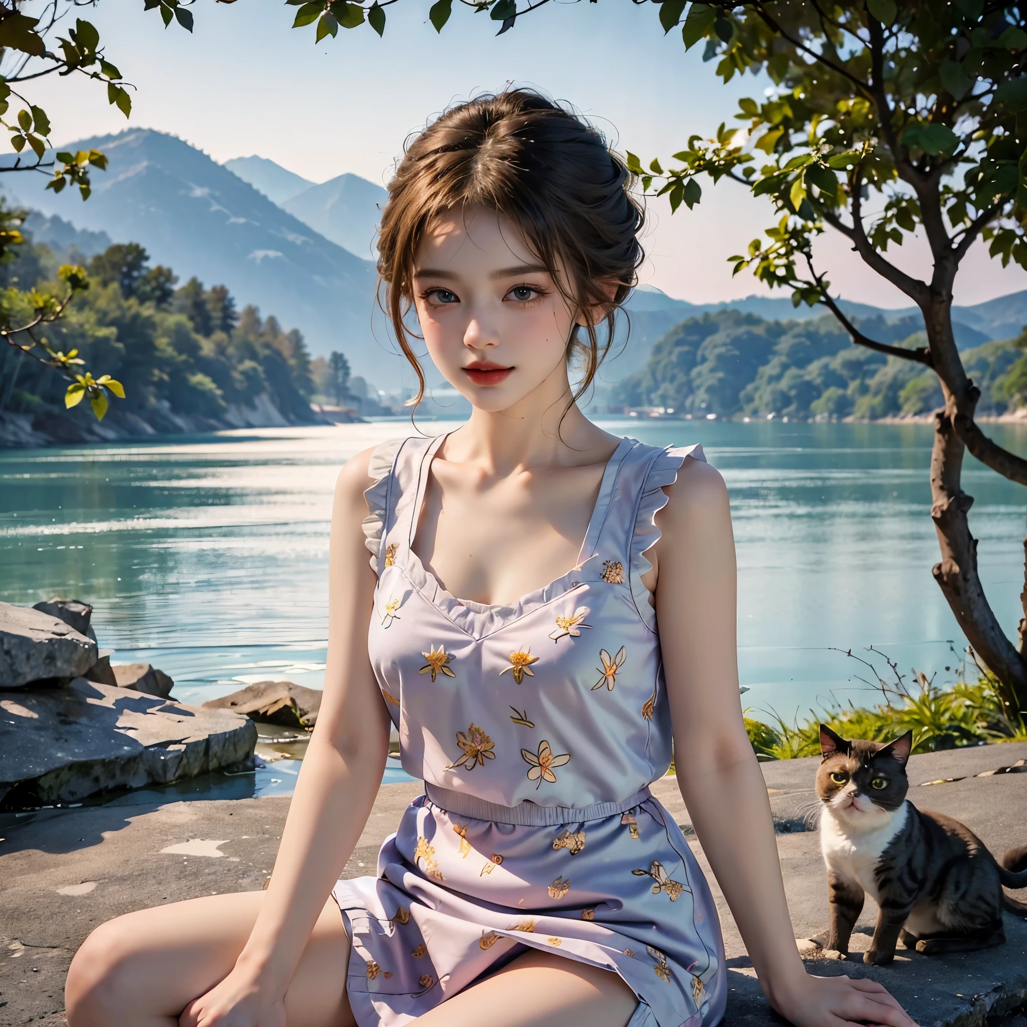 Masterpiece, Best quality, high resolution, realistic , hyperrealism , lifelike photography ,2024s, , alluring beautiful full body shot, (curly blondish brunette long hair, blue beautiful eyes), white skin with freckles,((( beautiful short cut naughty vest with flower embroidery mini skirt ))), beautiful golden necklaces & bracelets, elegant bearing, beautiful landscape background of a rose & lilac orchid garden, high budget , beautiful mesmerizing face and small nose, long and curly sparkling hair , holding a beautiful orange stray cat , clivage , sunset , pink clouds , yellowish red rays at the horizon, elegant posing, beautiful legs, fit body, gorgeous Russian woman standing and naughty posing at the lagoon shores, back shot, side shot , front shot, blue lagoon , full body shot at the frame , naughty smile , deep cut chest style dress,(( very short skirt)) ,windy summer breeze , reasonable naked body parts, reasonable nudity ,((((cute cats sitting around her)))), naughty girl , very cute smile, bra and underwear is seen ,(( lingerie )) , 25 years old blonde Russian girl ,