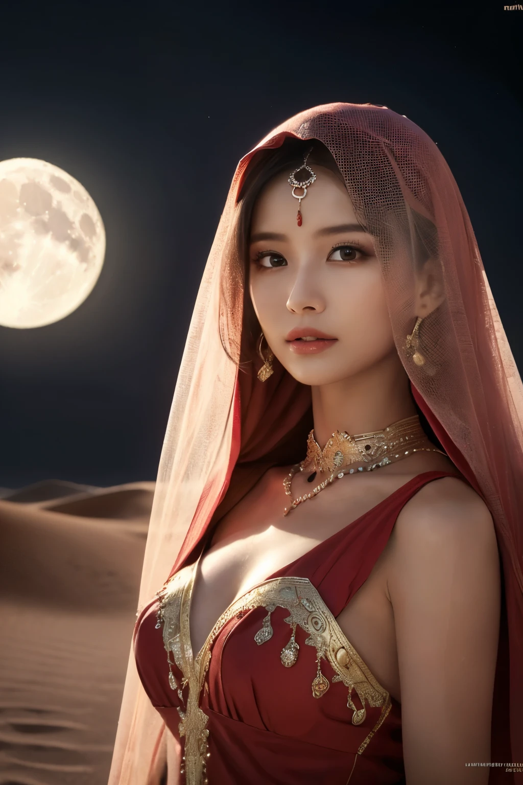 1 Girl, (Wear a bright red Arabian Nights-style costume:1.2), (Veil), Very beautiful Japanese idol portraits, 
(RAW Photos, Highest quality), (Realistic, Realistic:1.4), (masterpiece), 
Very delicate and beautiful, Very detailed, 2k wallpaper, wonderful, finely, Very detailed CG Unity 8K wallpaper, Very detailed, High resolution, Soft Light, 
Beautiful detailed girl, Very detailed目と顔, Beautiful and sophisticated nose, Beautiful and beautiful eyes, Cinema Lighting, 
(Standing in the Sahara Desert on a moonlit night:1.3), (Big Moon), (Sand Dunes), (月明かりに浮かぶ少女のwhole bodyのシルエット), (whole body), (Transmits light), (Dark screen:1.5), (Hair and outfits fluttering in the wind), 
(Medium Hair), (whole body), 
Complete Anatomy, Slender body, Small breasts