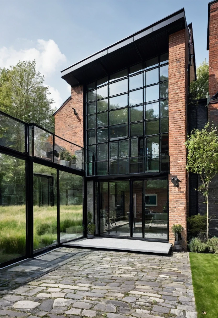 
imagine an industrial house with different levels, with a glass wall divided by a massive black iron structure, a wall with English bricks, a black roof with a slope on the left side, grass in front, a stone floor up to the black main entrance door. Houses next door, Olmo trees at the entrance to the house