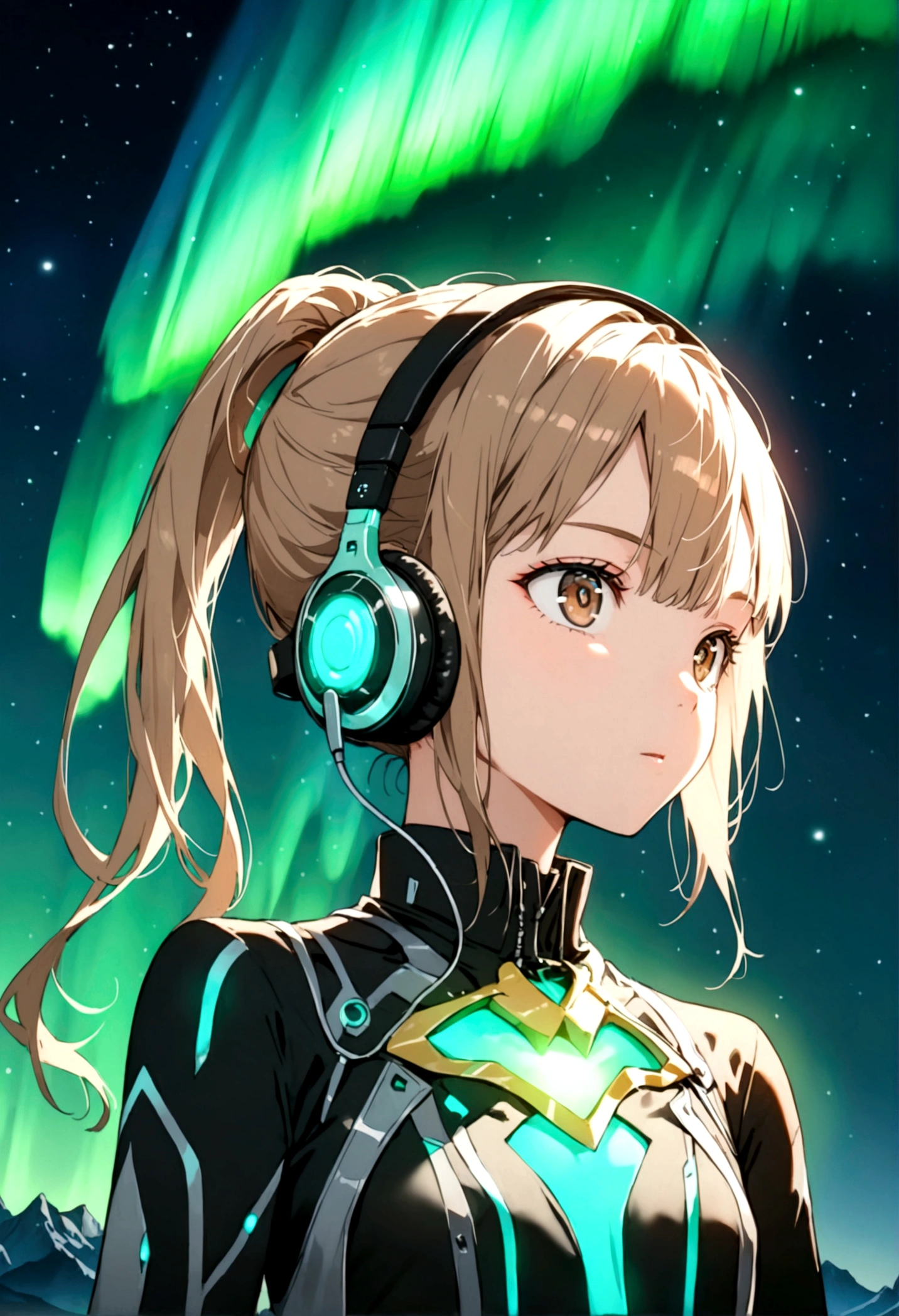 Night view, ponytail, Brown eyes, Flat Chest,  of the future, Aurora shining in the night sky, beautiful, Headphones，dazzling and，Light Spark Link