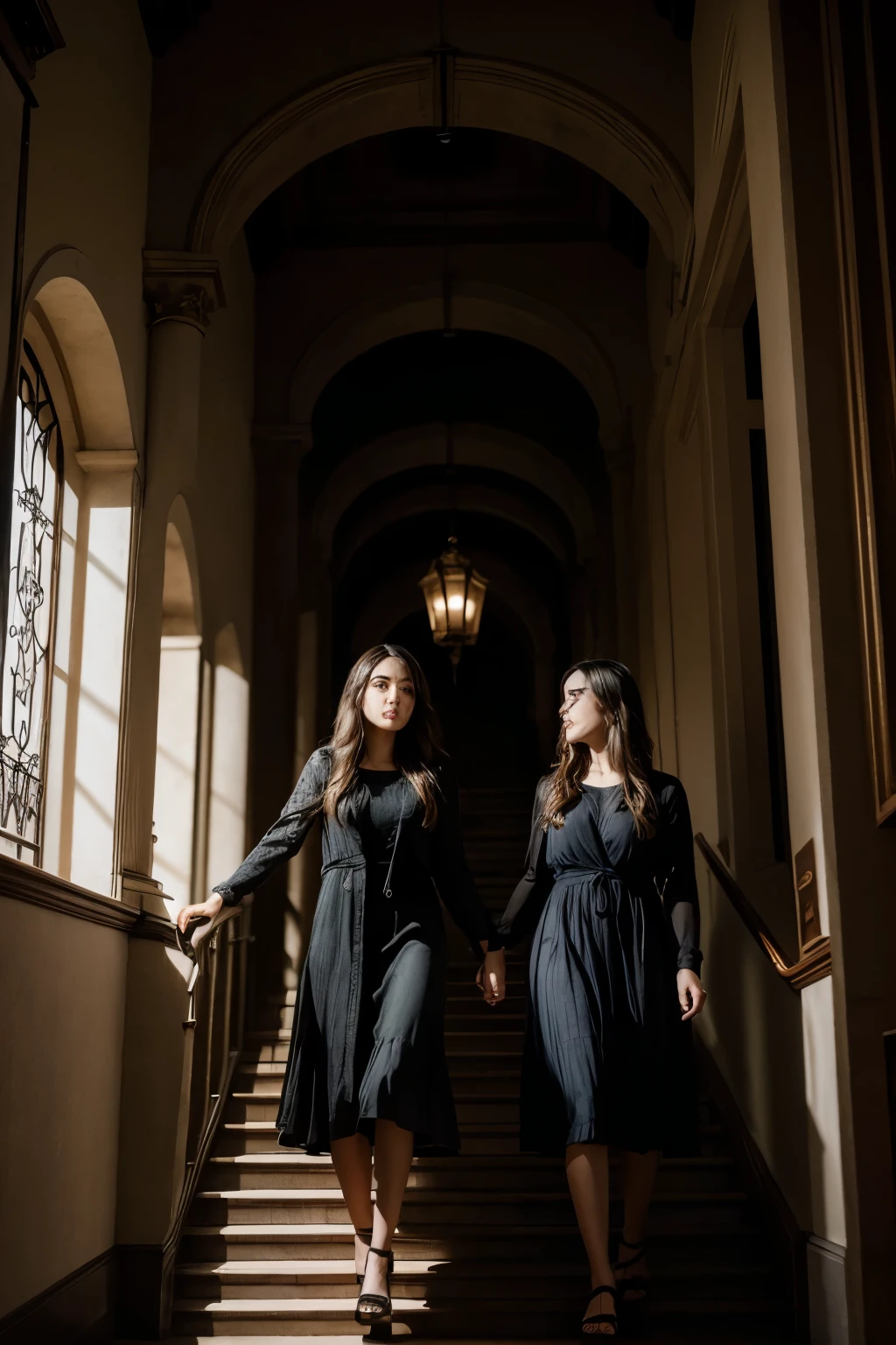 Una mujer y una nena bajando las escaleras nerviosas, y atras de ellas un ente, una mujer de cabelloos largo oscuro y negro descendiendo las escaleras con ellas pero atras de ellas