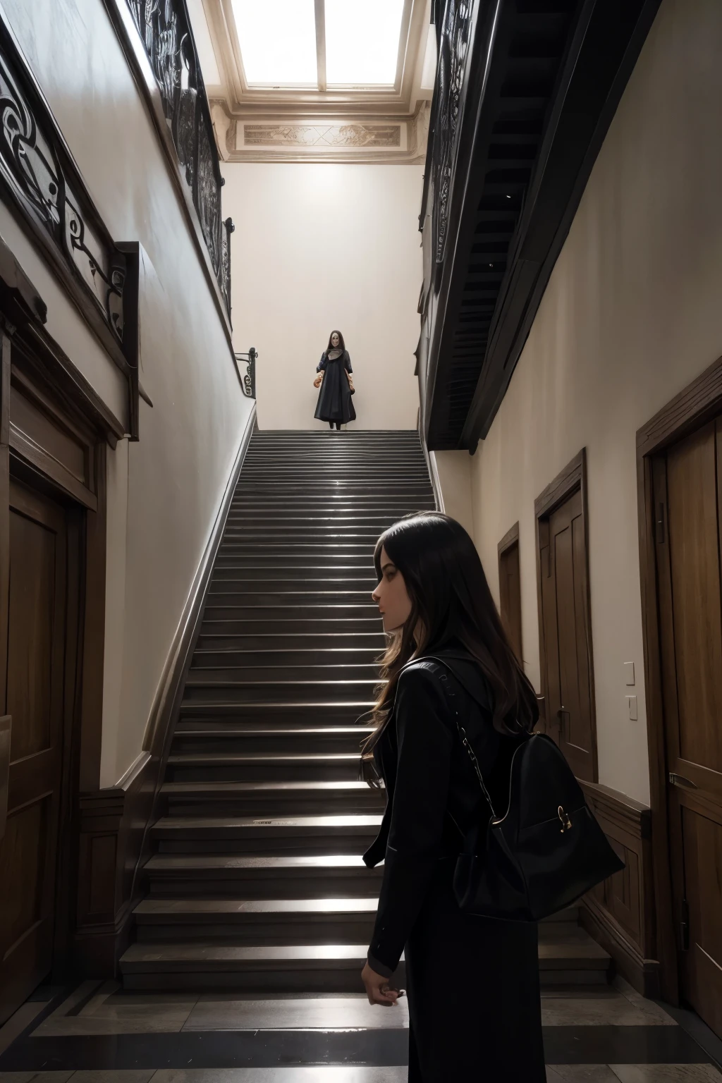 Una mujer y una nena bajando las escaleras nerviosas, y atras de ellas un ente, una mujer de cabelloos largo oscuro y negro descendiendo las escaleras con ellas pero atras de ellas