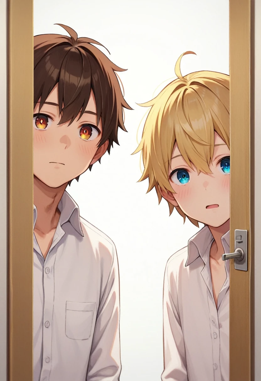 score_9, score_8_up, score_7_up, score_anime, (beautiful eyes),2 boy,grinning,An anime-style image showing two boys eavesdropping with their ears pressed against a door. Both boys are leaning in and listening intently. One boy has blonde hair, and the other has brown hair. Both are wearing white collared shirts. The composition focuses on their upper bodies, capturing their curious expressions as they listen,(detailed eyes),detailed skin,masterpiece,best quality,Top Quality,High quality