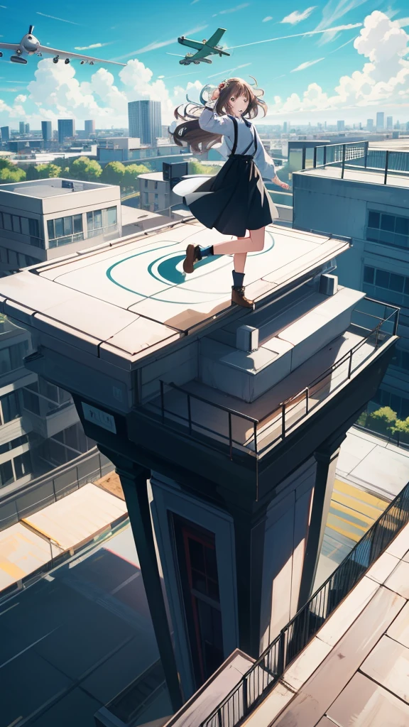 A girl, on top of a building taking photos, and a plane is passing above her