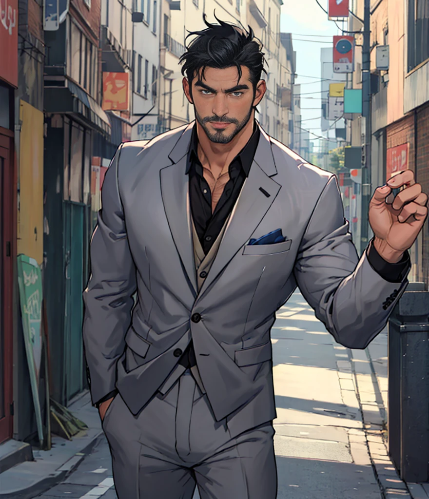 One man, Ruggedly handsome older man DILF, with black hair. Dominant, Confident, portrait shot. Stood in street, wearing a suit