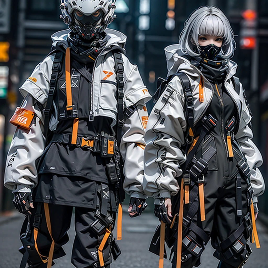 1girll,focal point：Shoot from head to shoe full body！ （Full body shooting from head to shoe），helmet, Hood, Solo, Spacesuit, Extra-long_Hair, bangs, Jacket, The upper part of the body_Body, White_Hair, bag, Blurry, Coat, Grey_Eyes, Mask, Blurry_Background, Backpack, zippers, Mouth_Mask, Covered_Mouth, Urban tech clothing, Outfit，lowerbody，Fair long legs，Unequal network leggings，with light glowing，zippers，Mechanical loot，Full body shooting from head to toe。
