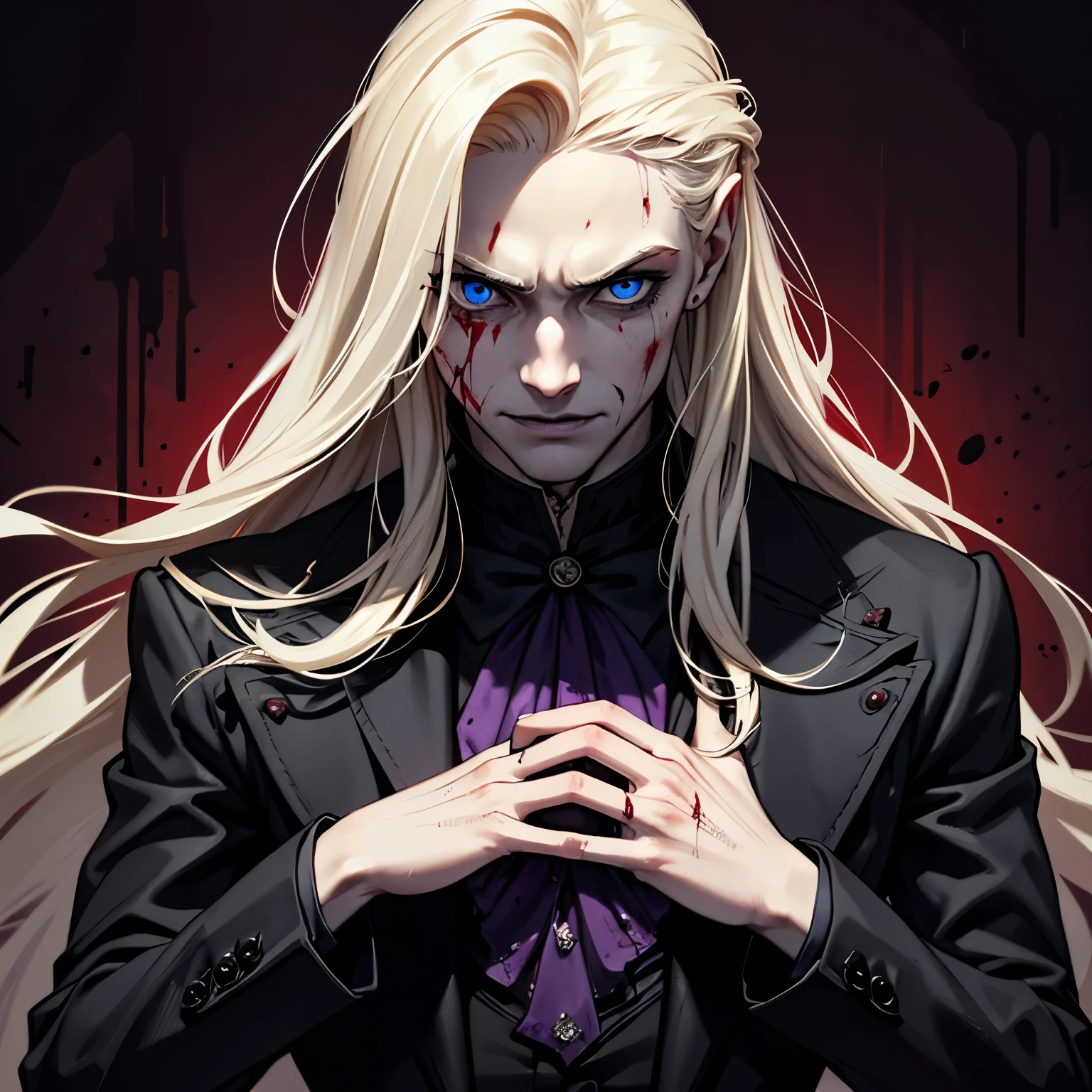 (masculine), (horrifying,shocking),blood-spattered man, male covered in blood,long flowing blond hair, , ((paled skin)) ,expressive eyes,dramatic lighting,gritty and intense,horror portrait,violent,splattered blood,dark and haunting background,close-up of face and body,bloody handprints,terrifying aura,macabre,vivid colors,high contrast, blue eyes, bloddy, masacre, androgynous, perfect face, evil smile, insane, crazy, Black coat, black suit, one young male, beautiful long hair, blond hair, blue eyes, purple victorian shirt, purple jabot, beautiful face, highest quality, wild fighting stance, blood everywhere