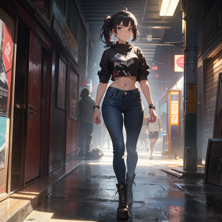 A front and back full body view of a female model in a punk-inspired outfit. The girl is depicted in a playful and vibrant manner, similar to the style shown in the reference image. She wears a High-waisted jeans with a crop top, flannel shirt, and combat boots. Her hair is styled in edgy punk manner, and she has a friendly and approachable expression. The front view shows her standing confidently, while the back view highlights the details of her outfit and hairstyle. The overall design is clean and colorful. Highly detailed, 8k, smooth, sharp focus, trending on artstation, digital painting, by Stanley Artgerm Lau, WLOP, Rossdraws, James Jean, Andrei Riabovitchev, Marc Simonetti, and Sakimichan,