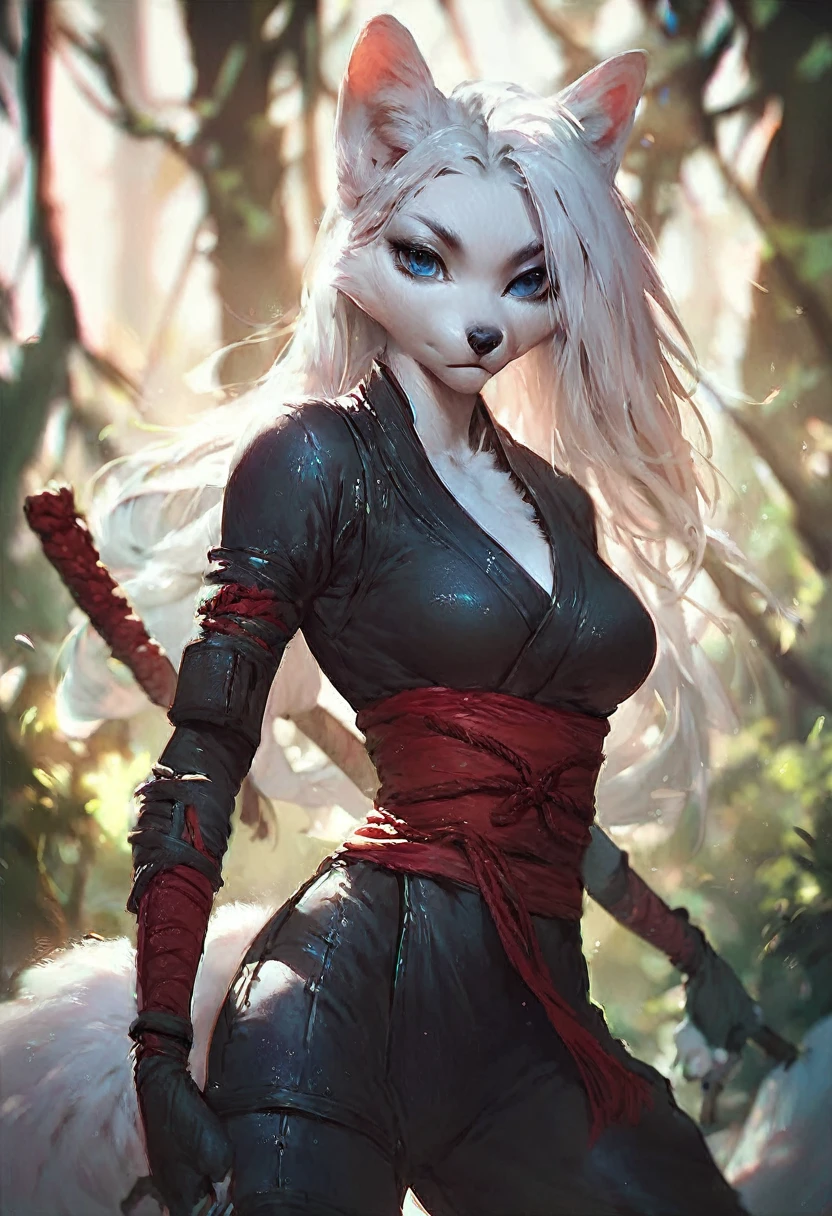 score_9, score_8_up, score_7_up, score_6_up, score_5_up, score_4_up, (solo), female anthro fox, solo, forest, ninja outfit, medium length white hair, dark blue eyes, pure white fur,