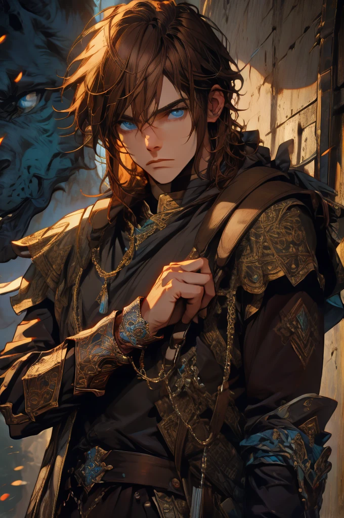 (masterpiece, best quality), intricate details, 1boy, brown hair, blue eyes, Arthur, black clothes, pauldrons,