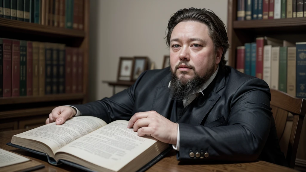 "Crie uma imagem de Charles Haddon Spurgeon, the famous 19th century British preacher, in a classic pose. Ele deve estar usando um terno escuro, with a full beard and short, slicked-back hair. O fundo deve ser simples, maybe a library or a church pulpit, destacando sua figura. Spurgeon's expression must be serious and contemplative, reflecting his dedication and seriousness as a pastor and theologian."