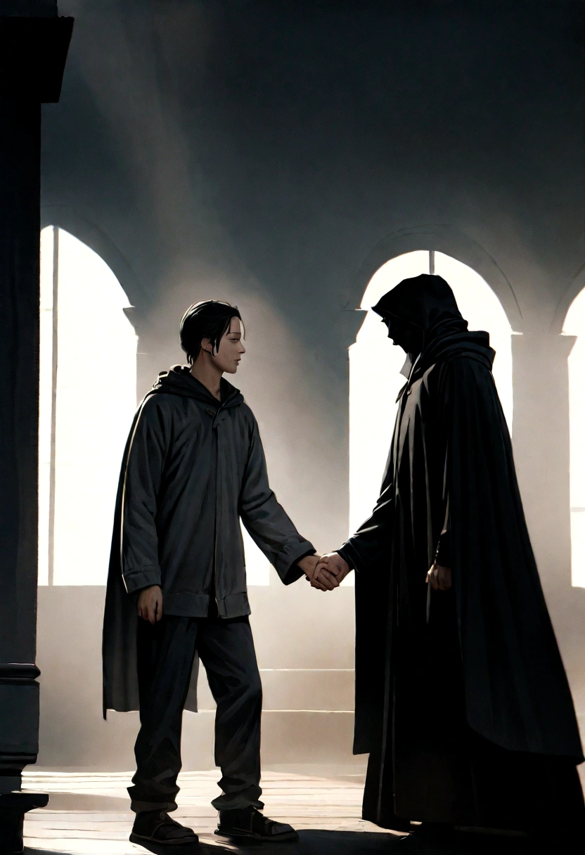 "Two characters meet: A thin man with short black hair, wearing a long cape and a black mask. Beside him stands another thin man in a black hoodie and pants with the hood over his head. They shake hands, side view. Both are minimalist characters, in 8k resolution, photorealistic style, cinematic lighting, with a melancholic atmosphere, dramatic shadows, and a muted color palette."