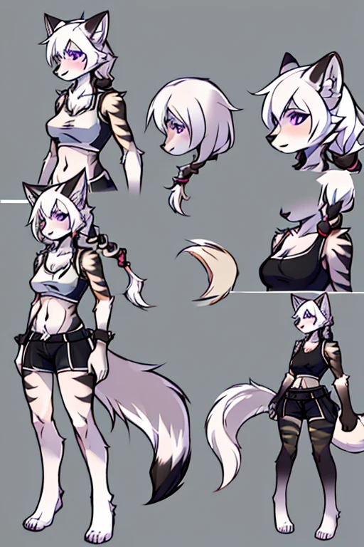 ( Absurdly , High quality , ultra detailed ) ,( hand detailed ) , 1girl, solo, mature, (concept art, character sheet), absurdres(highly detailed beautiful face and eyes)perfect anatomy Solo, Young Female white fox-cat (((lean-body))) (((medium breasts))) (short snout),(((fur (black stripe) between neck and shoulder towards chest))) ((fur (black stripes) on waist))(ears are darker), ((violet eyes)), (cat tail (black at end)), (white hair (single-braided)), ((Female wolf)) (detailed eyes), (clevedge, (collarbone, shoulders), (solo, (1girl)) ((((fluffy white fur)))), white hands, ((extremely detailed fur)) ((hair in face)) (big braid), (thin long tail) (extremely detailed eyes) (((concept art, character sheet, (multiple views)))), (black short shorts) (black sports bra), white hands, multiple emotions, happy, barefoot 