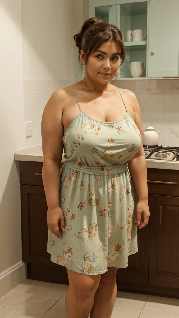 A full body photo of: simple loose dress, Big fatty arm, wide arm, fleshy arm, thick arm, chubby arm, stocky arm, female maid, 50 years old female maid, chubby body, tan skin, single top ponytail hair, real, perfect eyes, multicolor floral patern,at kitchen, perfect eyes amd face, sad face