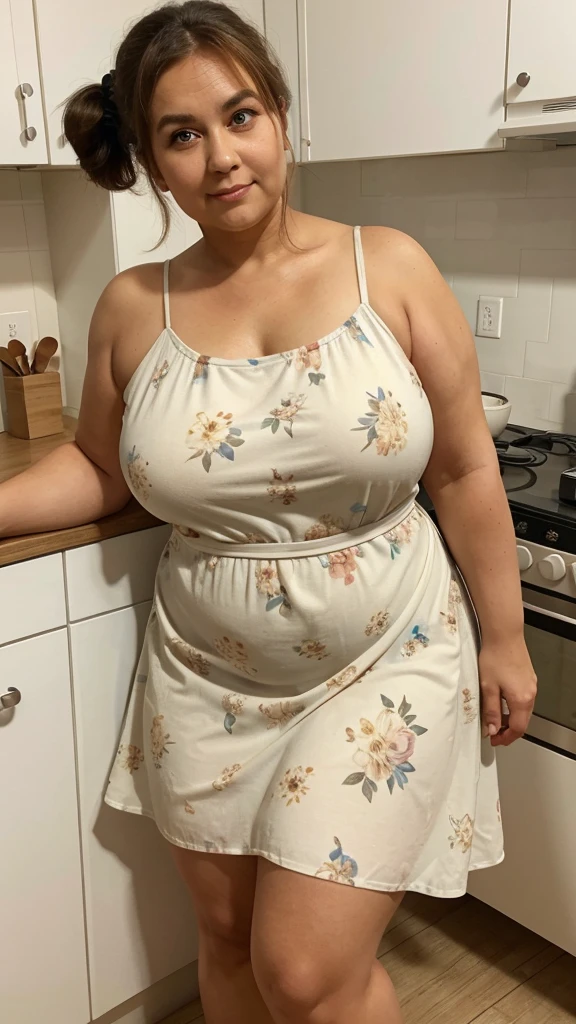 A full body photo of: simple loose dress, Big fatty arm, wide arm, fleshy arm, thick arm, chubby arm, stocky arm, female maid, 50 years old female maid, chubby body, tan skin, single top ponytail hair, real, perfect eyes, multicolor floral patern,at kitchen, perfect eyes amd face, sad face