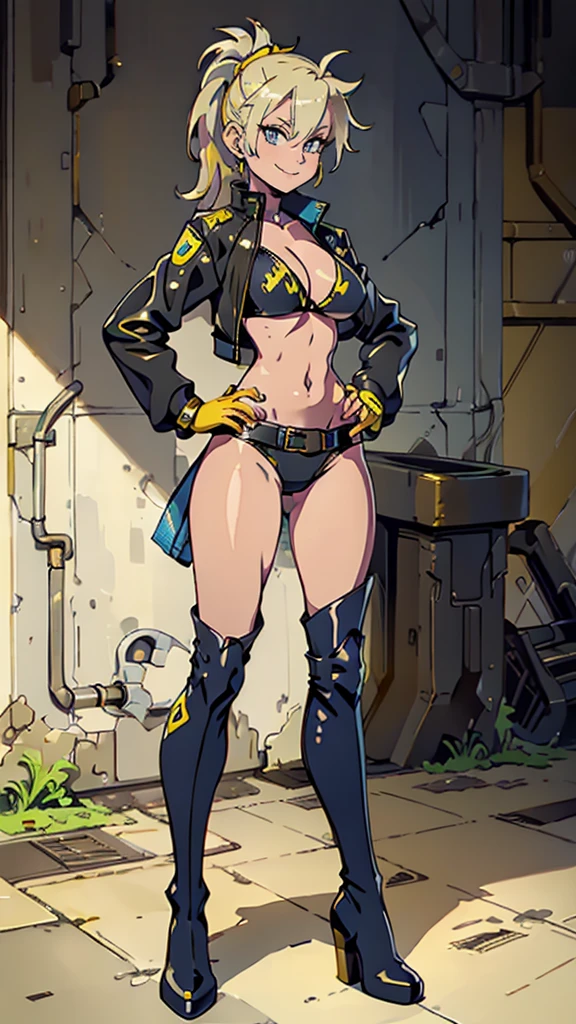 Masterpiece, best quality, Masterpiece, best quality, 1 woman , blue eyes , yellow ponytail , black leather jacket , sly face , smile , bikini , abdomen, big breasts , Long legs , boots , hands on hips , abandoned factory