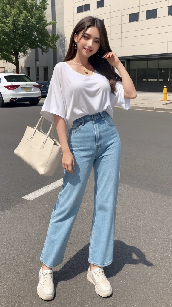 ((Highest quality, 8k, masterpiece:1.3)), concentrated:1.2, Beautiful woman with perfect figure:1.4, Stick your butt out:1.2, ((Beautiful long hair)),(Long white legs:1.3) ,(1.4) , (sports car, street: 1.2), Highly detailed face and skin texture, fine grain, double eyelid,Skin whitening,(Straight Big Tits:1.3),smile,Put on a necklace,gyuru、The trend is to wear an oversized shirt tucked into wide pants.。The shirt is a light pastel color...、The trendy striped pattern is popular。Wear casual shoes such as simple sneakers or loafers。