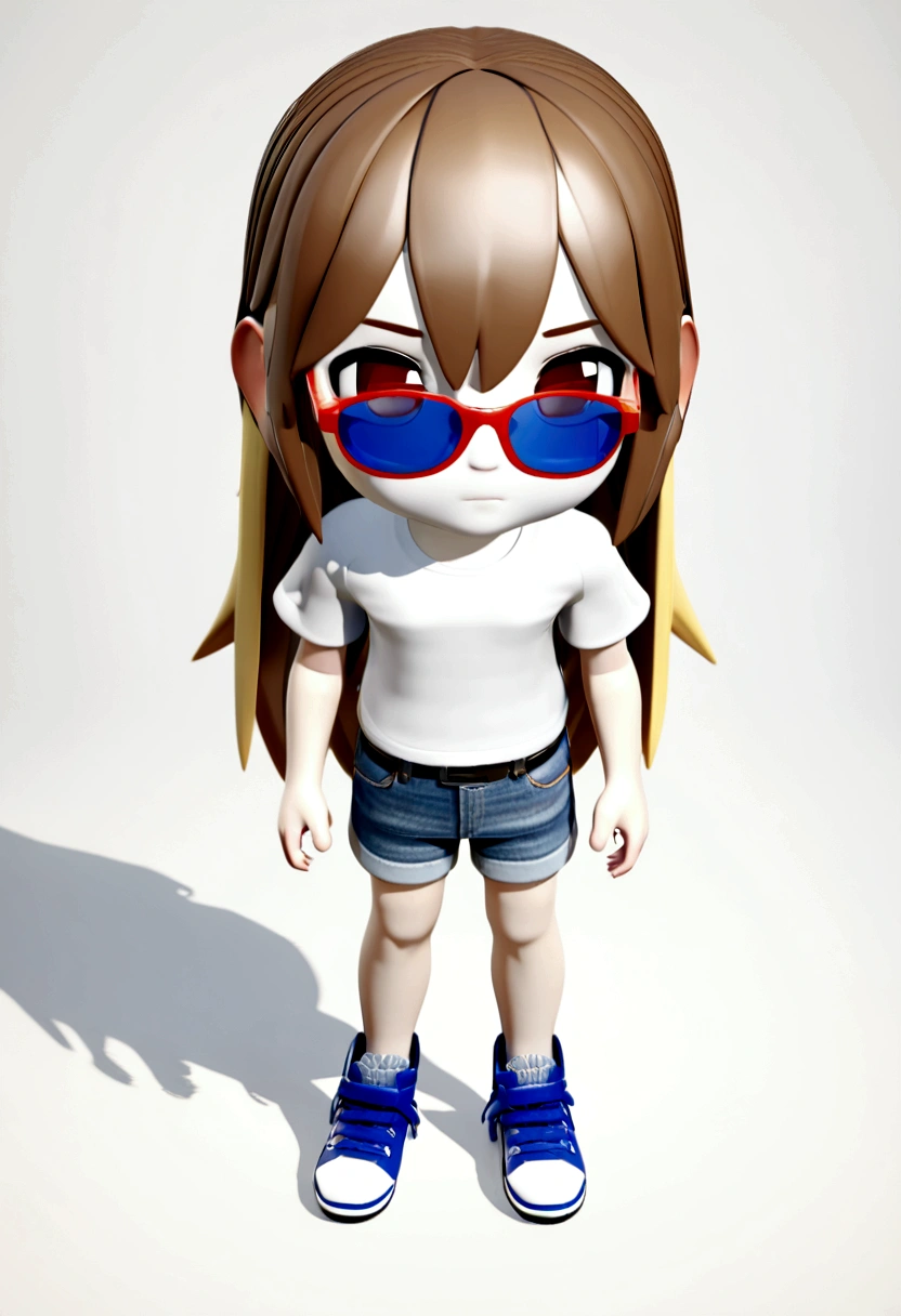 draw a 6 year old boy, cute, 3D, white background. white skin, brown hair with shades of blonde, very long and straight hair, red-rimmed glasses and dark eyes. wearing a white t-shirt with no details and denim shorts and blue all star sneakers.