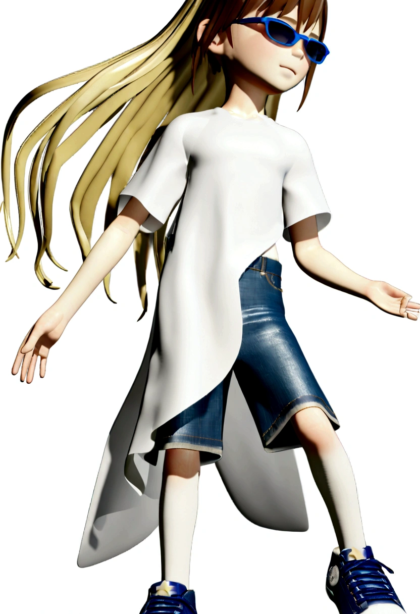 draw a 6 year old boy, cute, 3D, white background. white skin, brown hair with shades of blonde, very long and straight hair, red-rimmed glasses and dark eyes. wearing a white t-shirt with no details and denim shorts and blue all star sneakers.