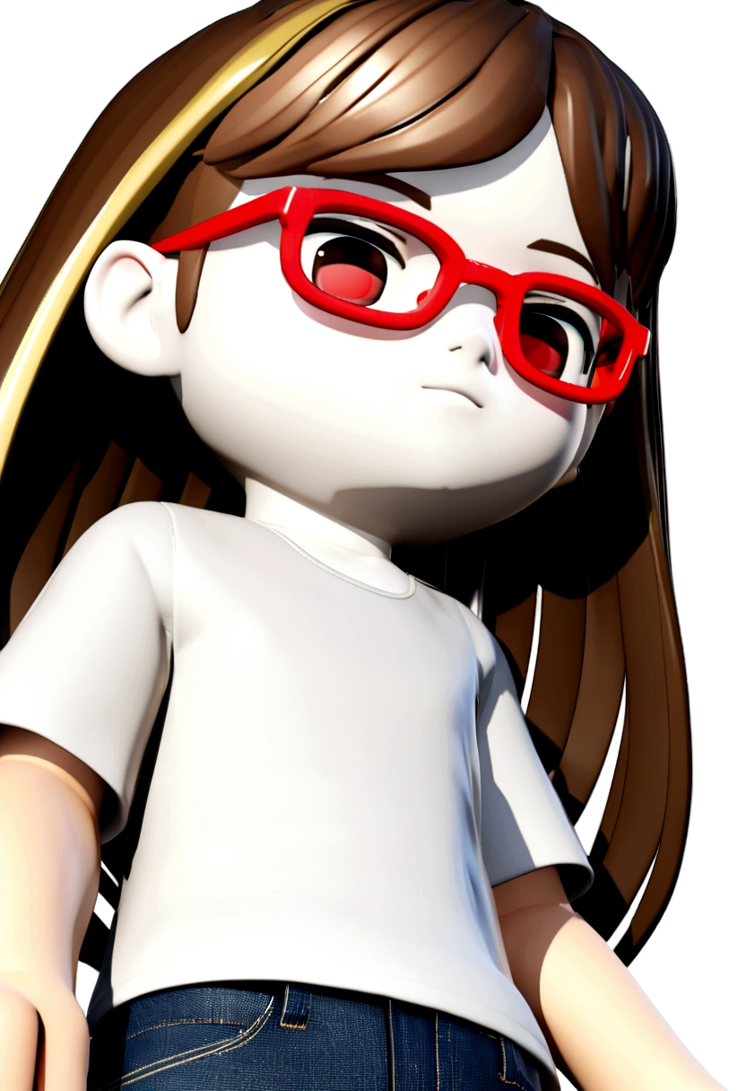 draw a 6 year old boy, cute, 3D, white background. white skin, brown hair with shades of blonde, very long and straight hair, red-rimmed glasses and dark eyes. wearing a white t-shirt with no details and denim shorts and blue all star sneakers.