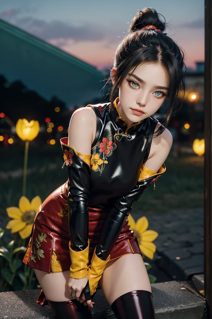 (RAW photo, best quality), Cute girl with short black hair, (ponytail), (city roof at night background), low light , green eyes , dark eyeliner, innocent smile, gorgeous face , super cute, 18 years old , young looking, hyper detailed face, dark eyeliner, (medium breast), (thin waist), (bare shoulders, (bare hips), red PVC mini dress with yellow flower decoration and vivid patterns, qipao, deep black leather thigh high boots, red PVC long sleeve gloves with yellow flower decorations