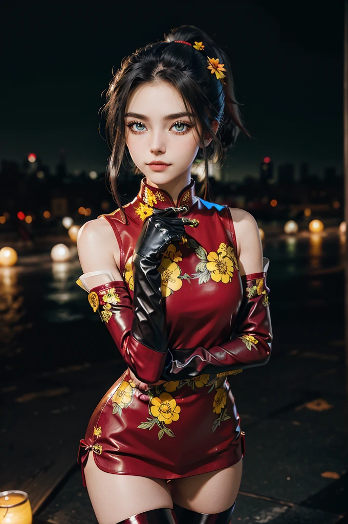 (RAW photo, best quality), Cute girl with short black hair, (ponytail), (city roof at night background), low light , green eyes , dark eyeliner, innocent smile, gorgeous face , super cute, 18 years old , young looking, hyper detailed face, dark eyeliner, (medium breast), (thin waist), (bare shoulders, (bare hips), red PVC mini dress with yellow flower decoration and vivid patterns, qipao, deep black leather thigh high boots, red PVC long sleeve gloves with yellow flower decorations