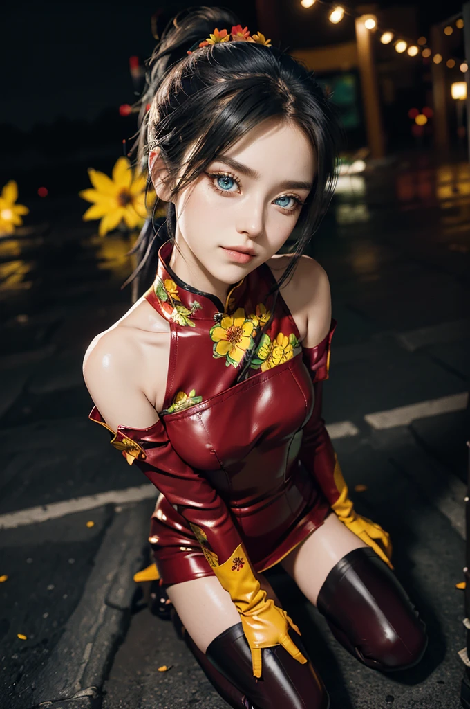 (RAW photo, best quality), Cute girl with short black hair, (ponytail), (city roof at night background), low light , green eyes , dark eyeliner, innocent smile, gorgeous face , super cute, 18 years old , young looking, hyper detailed face, dark eyeliner, (medium breast), (thin waist), (bare shoulders, (bare hips), red PVC mini dress with yellow flower decoration and vivid patterns, qipao, deep black leather thigh high boots, red PVC long sleeve gloves with yellow flower decorations