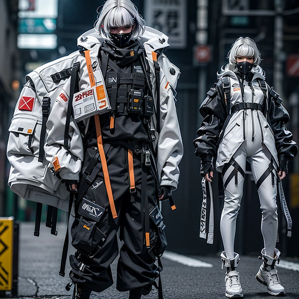 1girll,focal point:Shoot from head to shoe full body! (Full body shooting from head to shoe),helmet, Hood, Solo, Spacesuit, Extra-long_Hair, bangs, Jacket, The upper part of the body_Body, White_Hair, bag, Blurry, Coat, Grey_Eyes, Mask, Blurry_Background, Backpack, zippers, Mouth_Mask, Covered_Mouth, Urban tech clothing, Outfit,lowerbody,Fair long legs,Unequal network leggings,with light glowing,zipperechanical loot,Full body shooting from head to toe。