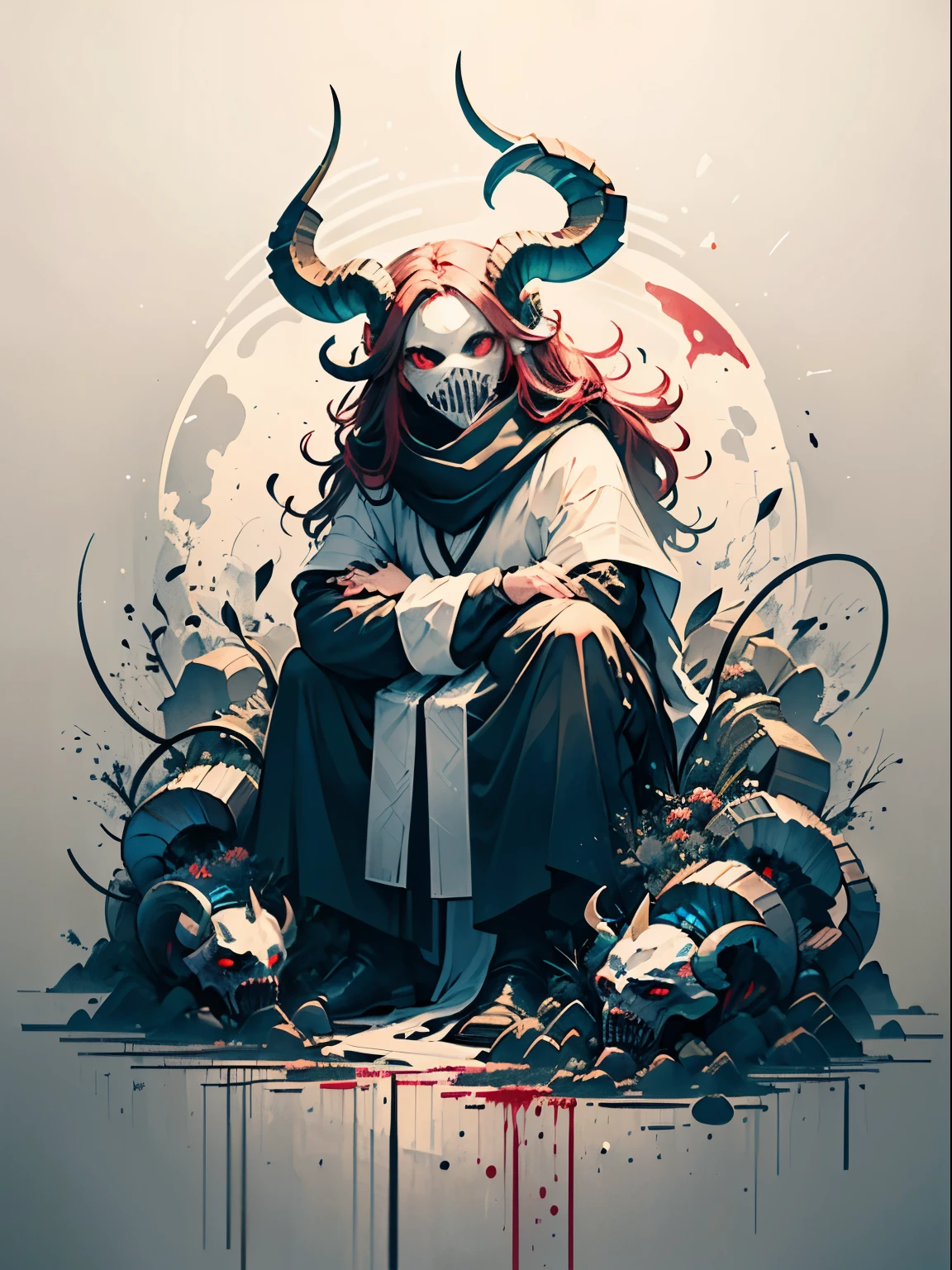 Masterpiece of ((demon)), (((male))), male demon, ((scary demon), (((wearing a scary white mask))), blood, (((ram curved horns))), long wavy red hair, (((slavic black full clothes))), medieval scarf, monster claws, animal legs, snake tail made by Aase Berg, high contrast color details, black and white, anime style, hyperdetailed, ultra quality, 4k, intricate lighting, chiaroscuro, white background with one color ink spots, drawing stroke made with Rottring 0.5mm pen, perfect drawing lines.