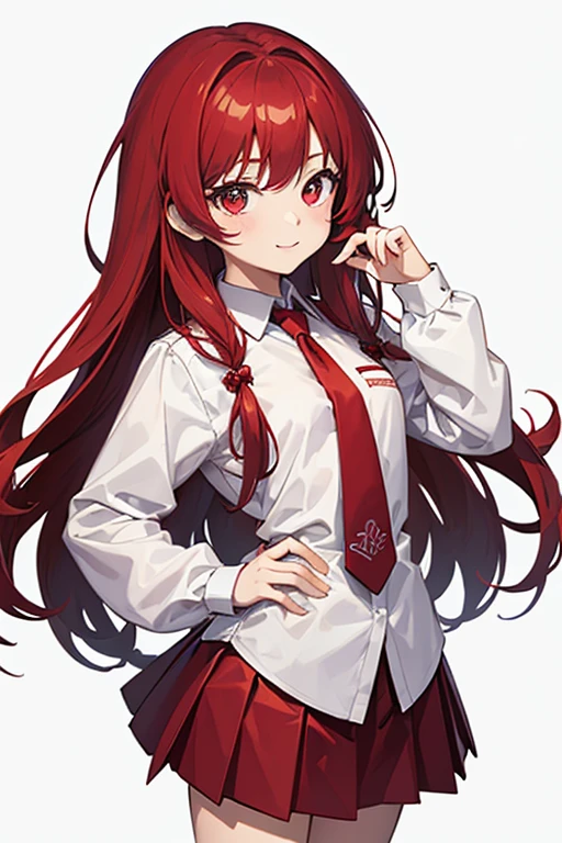 ((masterpiece)), (best quality), ((ultra-detailed)),(chibi:1.3),,1girl, solo, skirt, long hair, smile, red hair, red eyes, shirt, pleated skirt, red skirt, small breasts, , necktie, white shirt, looking at viewer, flat-chested girl (23), grey background, loli, (child faced:1.3), from the waist up, perfect anatomy