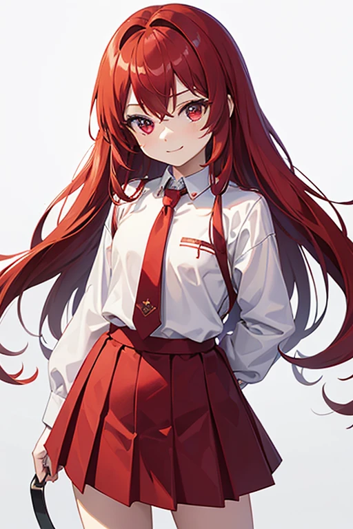 ((masterpiece)), (best quality), ((ultra-detailed)),(chibi:1.3),,1girl, solo, skirt, long hair, smile, red hair, red eyes, shirt, pleated skirt, red skirt, small breasts, , necktie, white shirt, looking at viewer, flat-chested girl (23), grey background, loli, (child faced:1.3), from the waist up, perfect anatomy