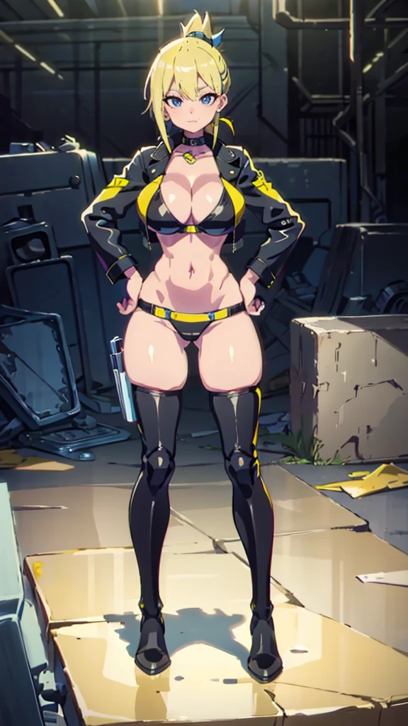 Masterpiece, best quality, Masterpiece, best quality, 1 woman , blue eyes , yellow ponytail , black leather jacket , sly face , smile , bikini , abdomen, big breasts , Long legs , boots , hands on hips , abandoned factory