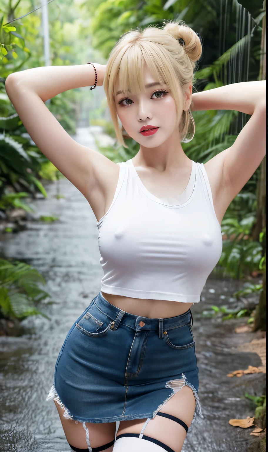 Korean Idols Mature Woman 40 years old ((Blonde chignon with bangs)) Smokey makeup black mascara Bright red lipstick and plump lips (White sleeveless t-shirt) Denim mini skirt garter belt Fishnet stockings Big Breasts Duck mouth Sweaty, shiny skin Clean armpits In the rain forest hands behind head pose Portrait Gravure photoshoot