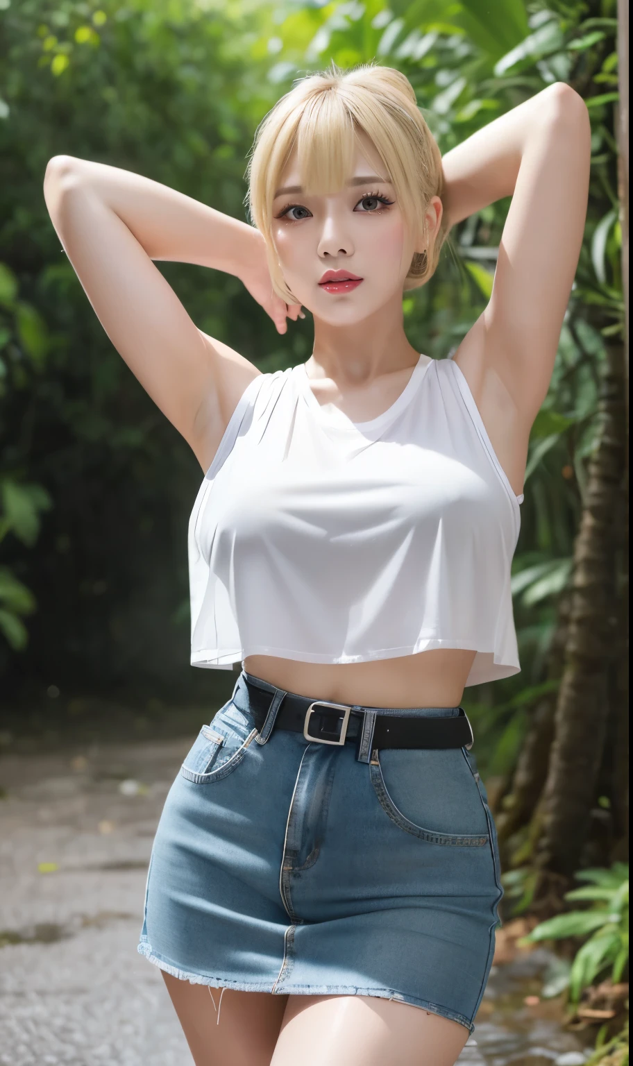 Korean Idols Mature Woman 40 years old ((Blonde chignon with bangs)) Smokey makeup black mascara Bright red lipstick and plump lips (White sleeveless t-shirt) Denim mini skirt garter belt Fishnet stockings Big Breasts Duck mouth Sweaty, shiny skin Clean armpits In the rain forest hands behind head pose Portrait Gravure photoshoot