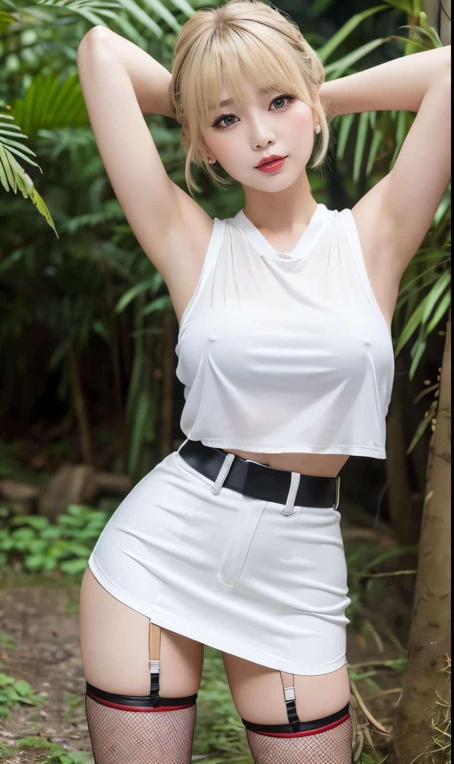 Korean Idols　Mature Woman　40 years old　((Blonde chignon with bangs))　Smokey makeup black mascara　Bright red lipstick and plump lips　　(White sleeveless t-shirt)　Denim mini skirt　garter belt　Fishnet stockings　Big Breasts　Duck mouth　Sweaty, shiny skin　Clean armpits　In the rain forest　hands behind head pose　Portrait　Gravure photoshoot