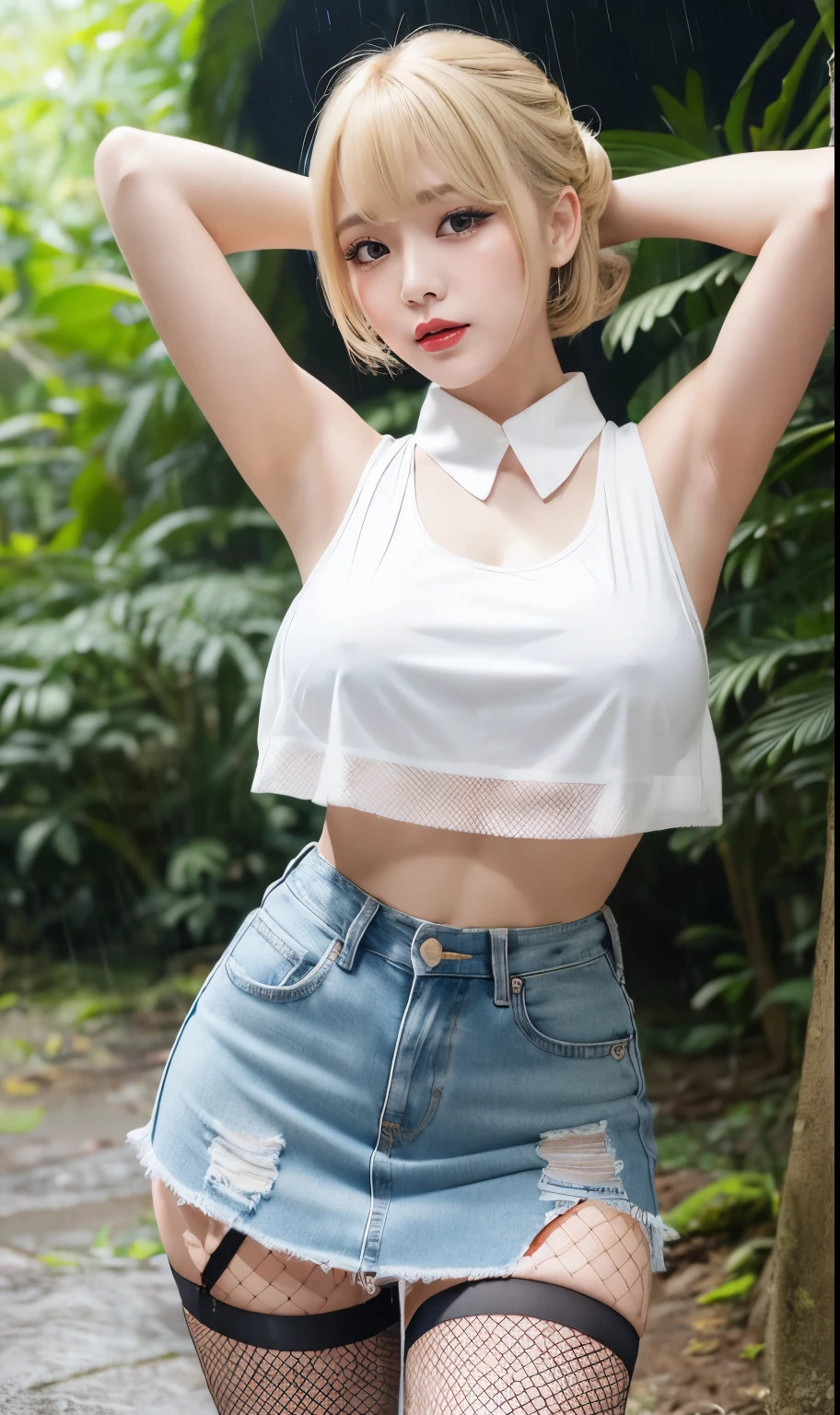 Korean Idols　Mature Woman　40 years old　((Blonde chignon with bangs))　Smokey makeup black mascara　Bright red lipstick and plump lips　　(White sleeveless t-shirt)　Denim mini skirt　garter belt　Fishnet stockings　Big Breasts　Duck mouth　Sweaty, shiny skin　Clean armpits　In the rain forest　hands behind head pose　Portrait　Gravure photoshoot