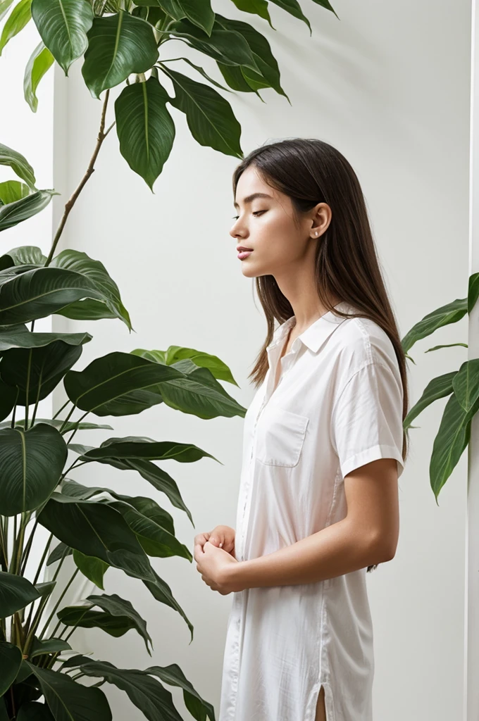 Imagine a moment of tranquility and introspection. A person stands in a bright environment, surrounded by a white wall and some green plants. The person, with long hair, is wearing a white shirt and has delicate pink lipstick on his lips. With a downward gaze, the person carefully observes their hand. Create a story or poem that describes this moment of reflection, taking inspiration from the serenity of the image.