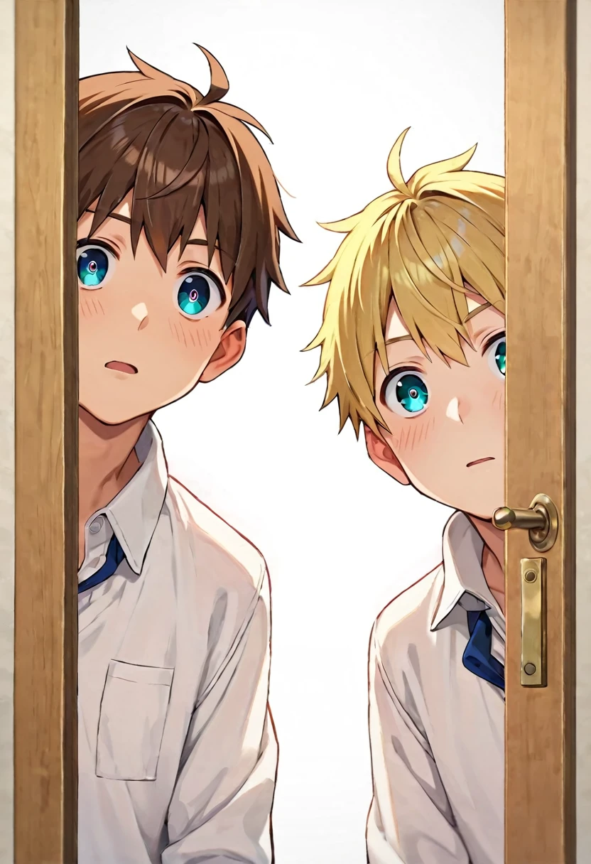 score_9, score_8_up, score_7_up, score_anime, (beautiful eyes),2 boy,grinning,An anime-style image showing two boys eavesdropping with their ears pressed against a door. Both boys are leaning in and listening intently. One boy has blonde hair, and the other has brown hair. Both are wearing white collared shirts. The composition focuses on their upper bodies, capturing their curious expressions as they listen,(detailed eyes),detailed skin,masterpiece,best quality,Top Quality,High quality