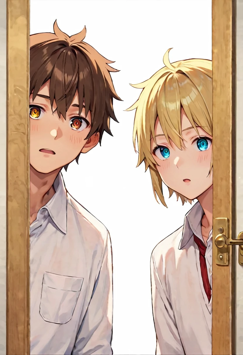 score_9, score_8_up, score_7_up, score_anime, (beautiful eyes),2 boy,grinning,An anime-style image showing two boys eavesdropping with their ears pressed against a door. Both boys are leaning in and listening intently. One boy has blonde hair, and the other has brown hair. Both are wearing white collared shirts. The composition focuses on their upper bodies, capturing their curious expressions as they listen,(detailed eyes),detailed skin,masterpiece,best quality,Top Quality,High quality