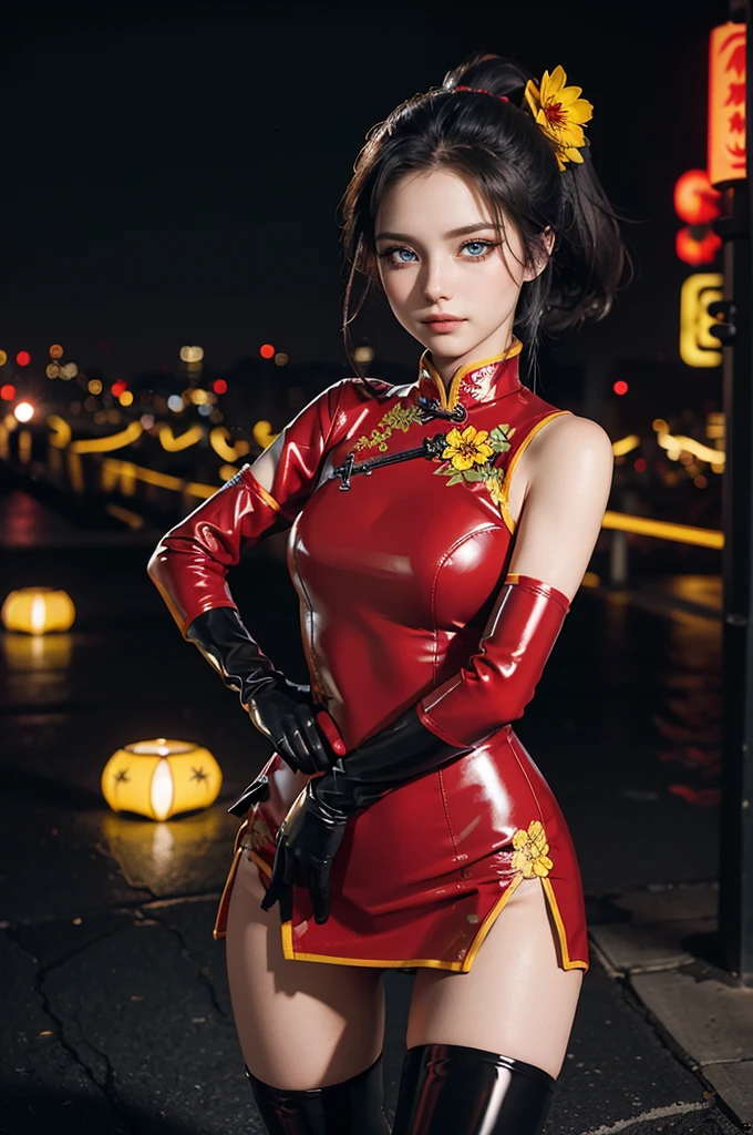 (RAW photo, best quality), Cute girl with short black hair, (ponytail), (city roof at night background), low light , green eyes , dark eyeliner, innocent smile, gorgeous face , super cute, 18 years old , young looking, hyper detailed face, dark eyeliner, (medium breast), (thin waist), (bare shoulders, (bare hips), red PVC mini dress with yellow flower decoration and vivid patterns, qipao, deep black leather thigh high boots, red PVC long sleeve gloves with yellow flower decorations