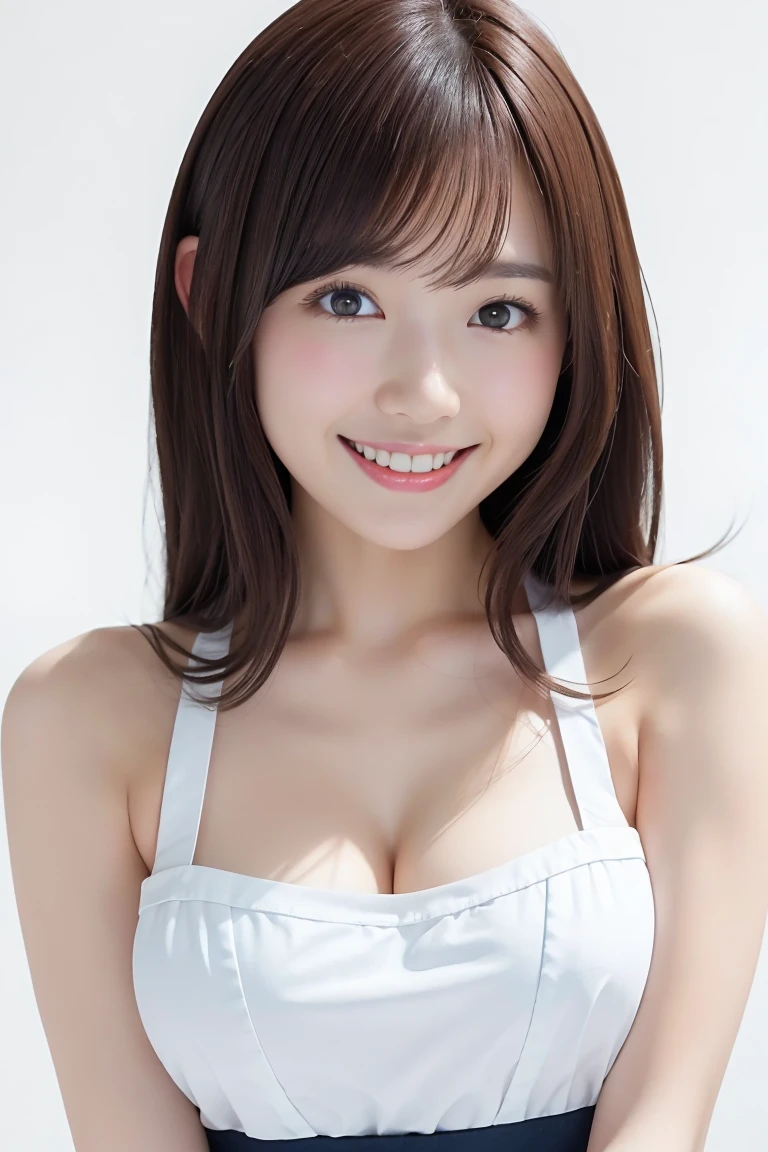 (Highest quality、Tabletop、8k、Best image quality、Award-winning works)、1. pretty girl、(Naked and white apron:1.2)、Perfect girl portrait photo、Glowing Skin、Brown Hair、(Cleavage:1.1)、(Large Breasts:1.1)、Accentuate your body lines、Standing Elegantly、(Face close-up:1.2)、Woman looking up at me、Cute Smile、(The simplest pure white background:1.1)