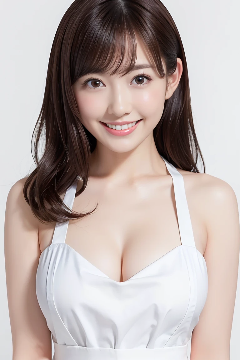 (Highest quality、Tabletop、8k、Best image quality、Award-winning works)、1. pretty girl、(Naked and white apron:1.2)、Perfect girl portrait photo、Glowing Skin、Brown Hair、(Cleavage:1.1)、(Large Breasts:1.1)、Accentuate your body lines、Standing Elegantly、(Face close-up:1.2)、Woman looking up at me、Cute Smile、(The simplest pure white background:1.1)