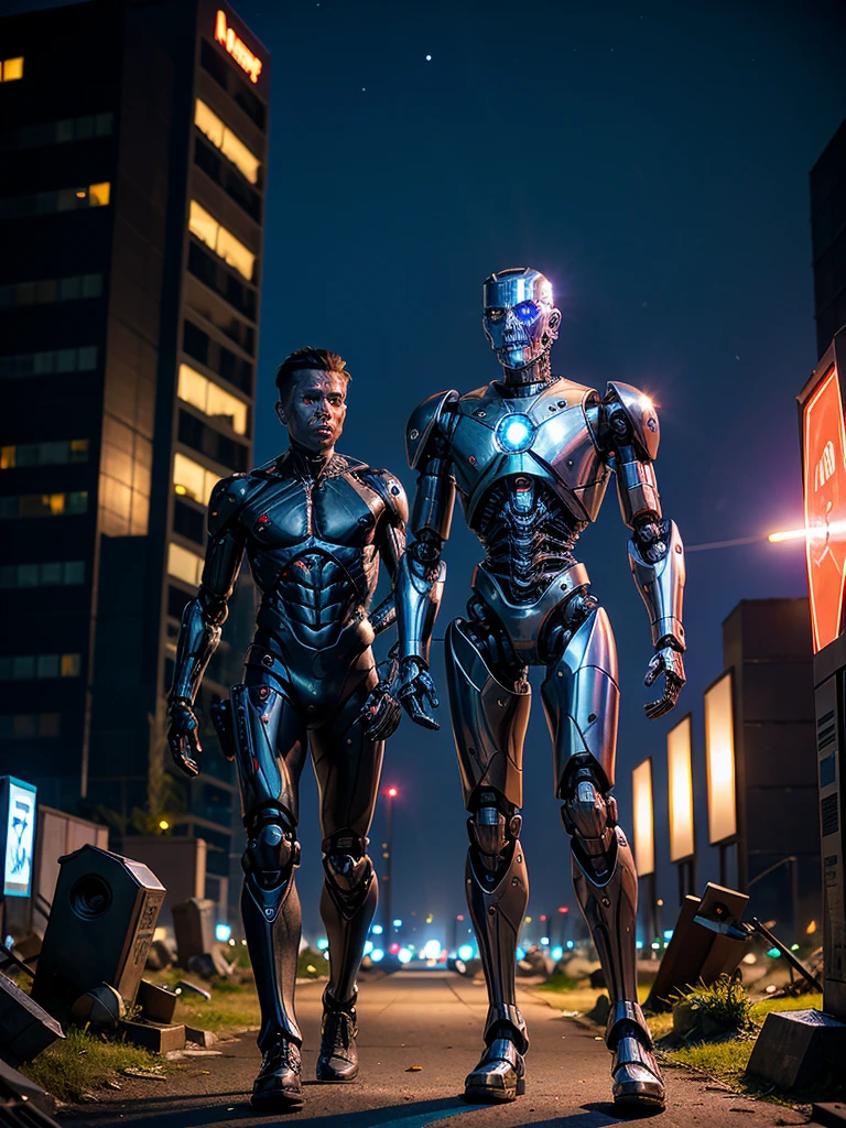 fantastic style, man and kior, half-human, half-machine, (terminator), in the robot cemetery, night, future war, (in the background there is a robot cemetery)
