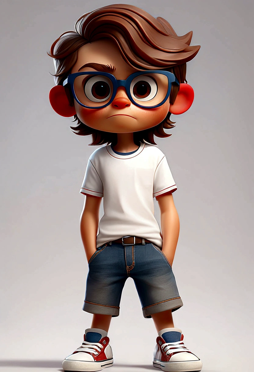 draw a 6 year old boy, cute, 3D, white background. white skin, brown hair with shades of blonde, very long and straight hair, red-rimmed glasses and dark eyes. wearing a white t-shirt with no details and denim shorts and blue all star sneakers.