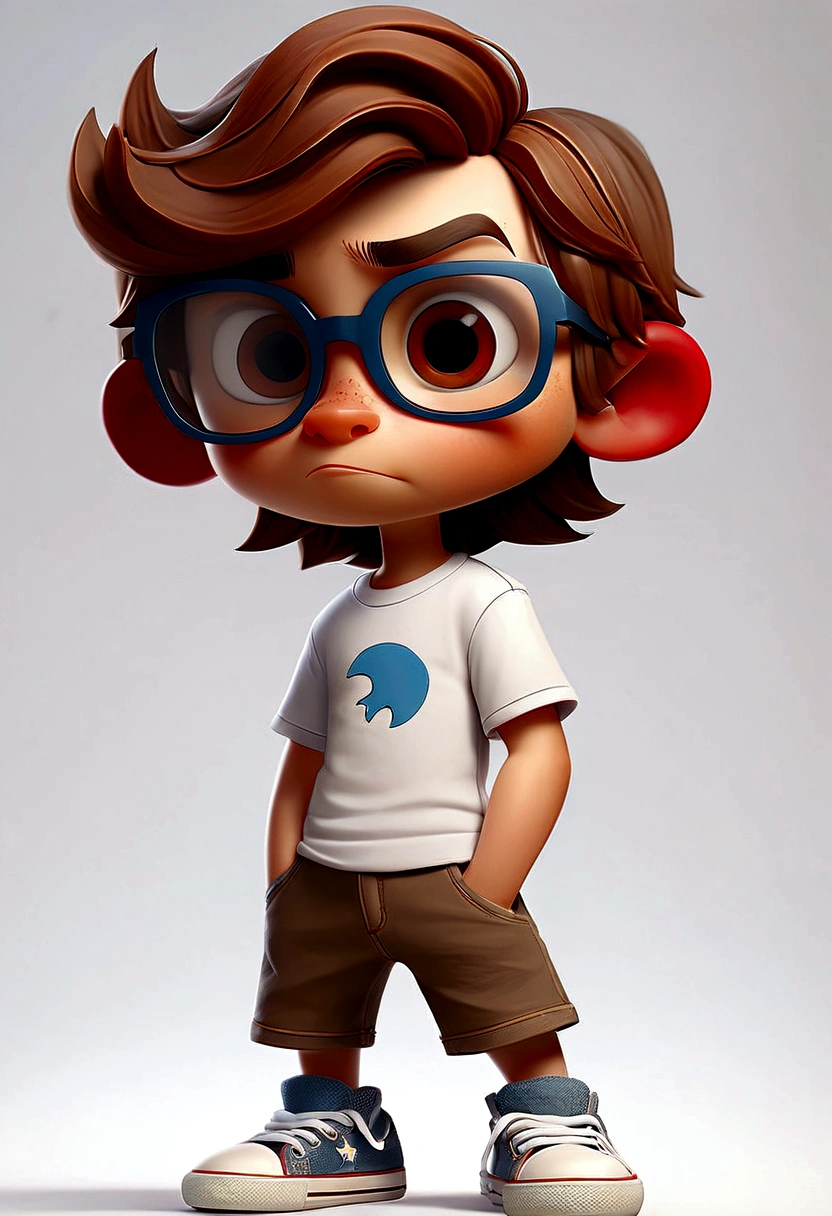 draw a 6 year old boy, cute, 3D, white background. white skin, brown hair with shades of blonde, very long and straight hair, red-rimmed glasses and dark eyes. wearing a white t-shirt with no details and denim shorts and blue all star sneakers.