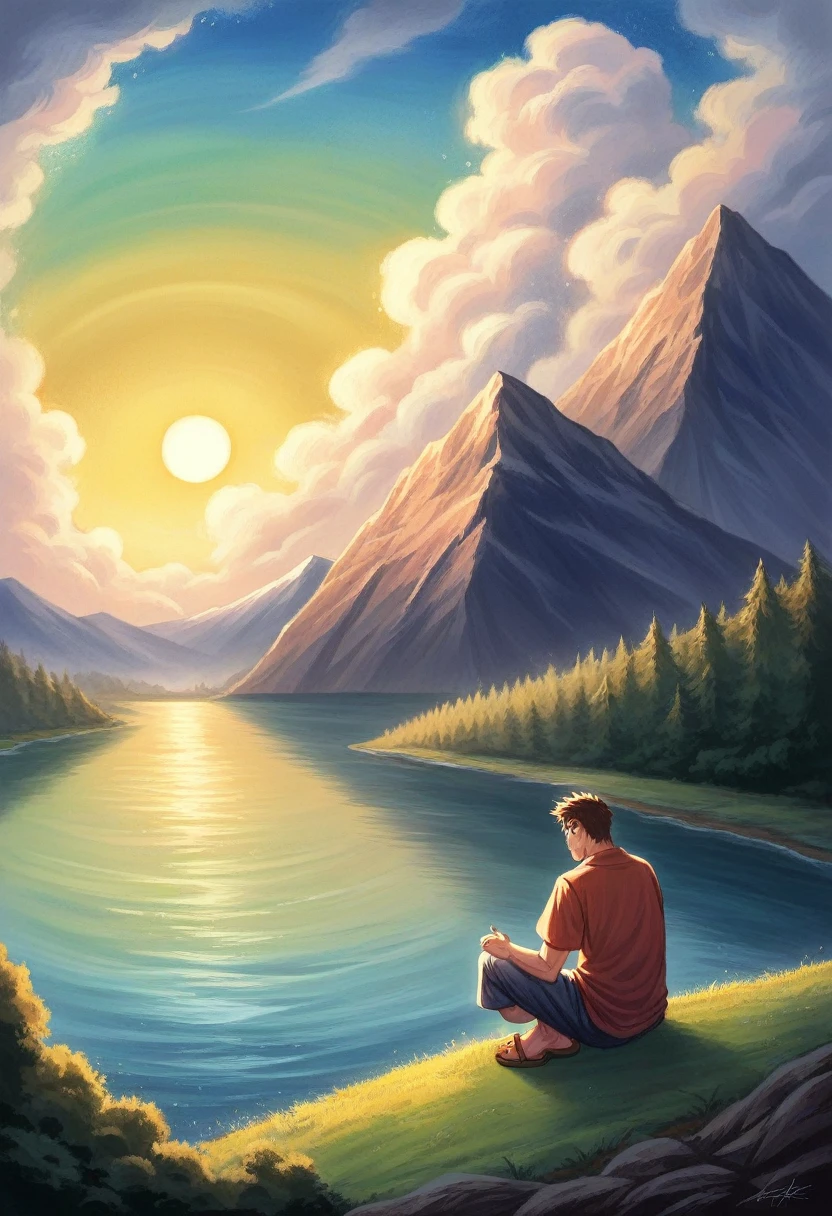  ((full body)), In leng jun and norman rockwell art style, hd, 8k resolution, fullbody, 16k resolution, hd, view from behind, 1 BOY is sitting by the river watching the sun rice in the background, river, mountains, sun, clouds He is wearing flip flop sandals, dramatic, pacefull scene high quality masterful still-life painting, oil painting, vibrant rich colors, atmospheric perspective, depth, illustration, intricate details, ultra high resolution, sharp details, sharp focus, 8k resolution Miki Asai Macro photography, fullbody, hyper detailed, trending on artstation, sharp focus, studio photo, intricate details, highly detailed, by greg rutkowski ,GO_pokemon, high quality masterful still-life painting, oil painting, vibrant rich colors, atmospheric perspective, depth, illustration, intricate details, ultra high resolution, sharp details, sharp focus, 8k resolution Miki Asai Macro photography, fullbody, hyper detailed, trending on artstation, sharp focus, studio photo, intricate details, highly detailed, by greg rutkowski ,GO_pokemon,
