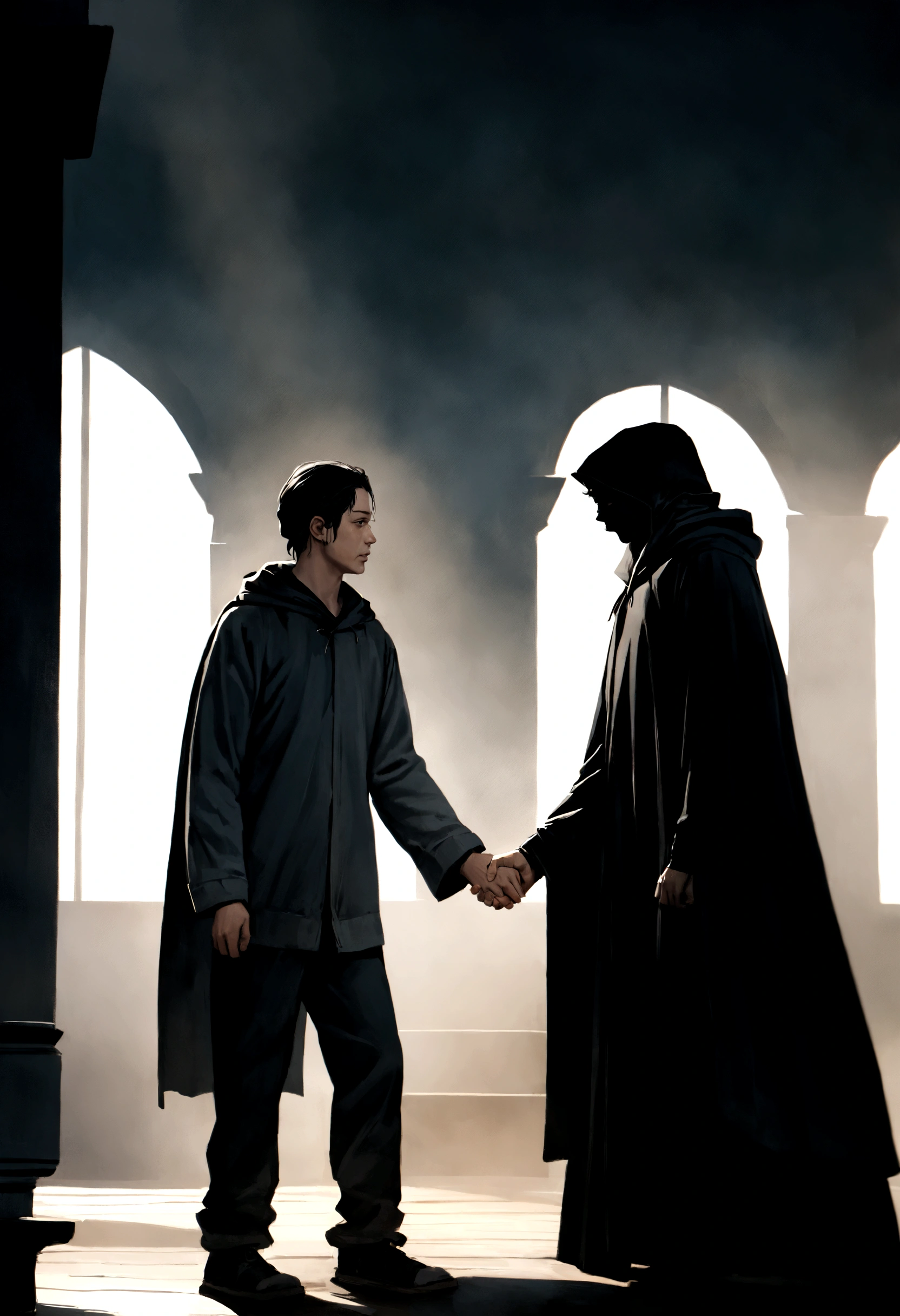 "Two characters meet: A thin man with short black hair, wearing a long cape and a black mask. Beside him stands another thin man in a black hoodie and pants with the hood over his head. They shake hands, side view. Both are minimalist characters, in 8k resolution, photorealistic style, cinematic lighting, with a melancholic atmosphere, dramatic shadows, and a muted color palette."