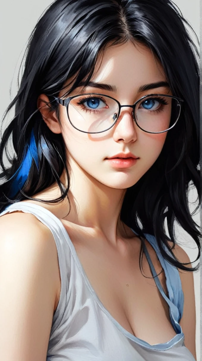 1girl, bare_shoulders, black_hair, blush, breasts, closed_mouth, eyebrows_visible_through_hair, blue eyes, glasses, grey_background, hair_between_eyes, long_hair, looking_at_viewer, big_breasts, shirt, simple_background, sleeveless, sleeveless_shirt, solo, upper_body, white_background, white_shirt, torn clothes, underwear, nsfw, solo, looking at viewer,  sumi-e, masterpiece,best quality,extremely detailed,fine details,official art,unity 8k wallpaper,4K,8K,UHD, antiBlur,photography, abstract background, (upper body:1.5)